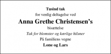 Dødsannoncen for Anna Grethe Christensen&rsquo; - Meløse, Skævinge, Hillerød