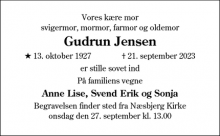 Dødsannoncen for Gudrun Jensen - Næsbjerg