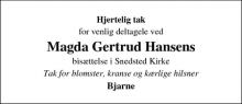 Dødsannoncen for Magda Gertrud Hansen - Snedsted