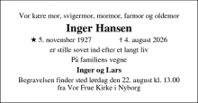 Dødsannoncen for Inger Hansen - Nyborg