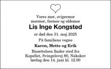 Dødsannoncen for Lis Inge Kongsted - Nakskov