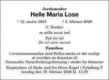 Dødsannoncen for Helle Maria Lose - Maribo
