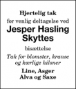 Dødsannoncen for Jesper Hasling
Skytte - Nykøbing Falster