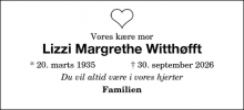 Dødsannoncen for Lizzi Margrethe Witth&oslash;fft - Køge