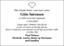 Dødsannoncen for Gitte Sørensen - Hjallerup