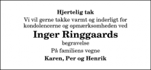 Dødsannoncen for Inger Ringgaard - Snedsted
