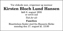 Dødsannoncen for Kirsten Bloch Lund Hansen - Aså