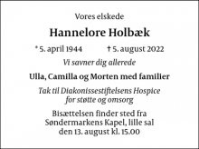 Dødsannoncen for Hannelore Holbæk - Frederiksberg