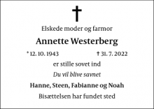 Dødsannoncen for Annette Westerberg - Lyngby