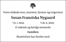 Dødsannoncen for Susan Franziska Nygaard - Espergærde