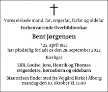 Dødsannoncen for Bent Jørgensen - Gentofte