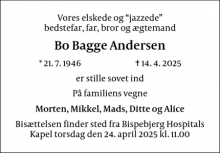 Dødsannoncen for Bo Bagge Andersen - Frederiksberg