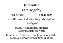Dødsannoncen for Lars Togeby - Jægersborg