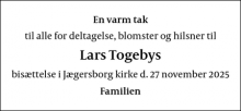 Dødsannoncen for Lars Togebys - Jægersborg 