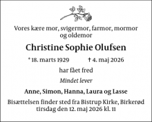 Dødsannoncen for Christine Sophie Olufsen - Allerød