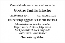Dødsannoncen for Grethe Emilie Frische - Lyngby