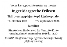 Dødsannoncen for Inger Margrethe Eriksen - Hellerup