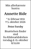 Dødsannoncen for Annette Bide - København