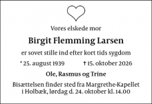 Dødsannoncen for Birgit Flemming Larsen - Holbæk