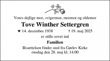 Dødsannoncen for Tove Winther Settergren - Gørlev 4281