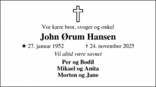 Dødsannoncen for John &Oslash;rum Hansen - Skive