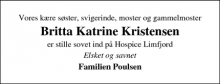 Dødsannoncen for Britta Katrine Kristensen - Røslev