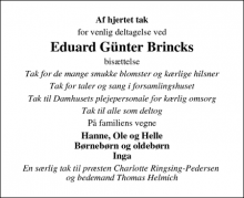Dødsannoncen for Eduard Günter Brinck - Sønderborg