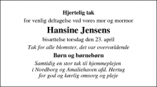 Dødsannoncen for Hansine Jensen - Nordborg