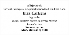 Dødsannoncen for Erik Carlsen - Stensved