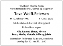 Dødsannoncen for  Tove Wolff-Petersen - Sorø