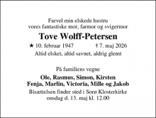 Dødsannoncen for  Tove Wolff-Petersen - Sorø