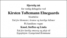 Dødsannoncen for Kirsten Toftemann Elnegaard - Bagenkop