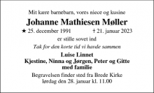 Dødsannoncen for Johanne Mathiesen Møller - Møgeltønder 
