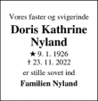 Dødsannoncen for Doris Kathrine
Nyland - Liseleje