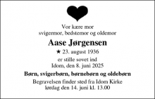 Dødsannoncen for Aase Jørgensen - Bøvlingbjerg