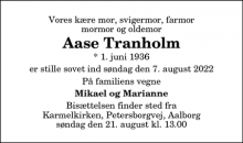 Dødsannoncen for Aase Tranholm - Valby