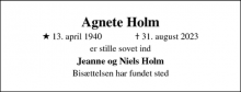 Dødsannoncen for Agnete Holm - Århus