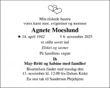 Dødsannoncen for Agnete Moeslund - Odense