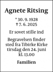 Dødsannoncen for Agnete Ritsing - Fredriksberg