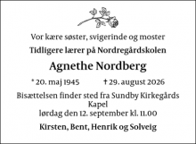 Dødsannoncen for Agnethe Nordberg - København V