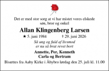 Dødsannoncen for Allan Klingenberg Larsen - Odense NØ