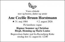 Dødsannoncen for Ane Cecilie Bruun Horstmann - viby århus