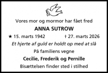 Dødsannoncen for Anna Sutrow - Hvidovre 