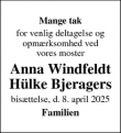 Dødsannoncen for Anna Windfeldt Hülke Bjeragers  - Nykøbing Sjælland
