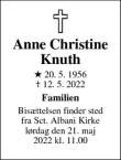 Dødsannoncen for Anne Christine
Knuth - Århus C