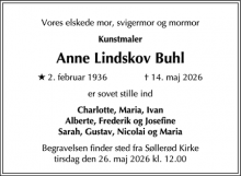 Dødsannoncen for Anne Lindskov Buhl - København V