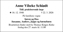 Dødsannoncen for Anne Vibeke Schi&oslash;dt - Odense