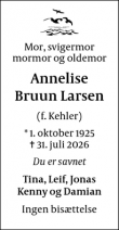 Dødsannoncen for Annelise Bruun Larsen  - Hårlev