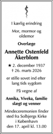 Dødsannoncen for Annette Ostenfeld
&Aring;kerblom - Kungsör