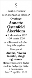 Dødsannoncen for Annette Ostenfeld
&Aring;kerblom - Kungsör